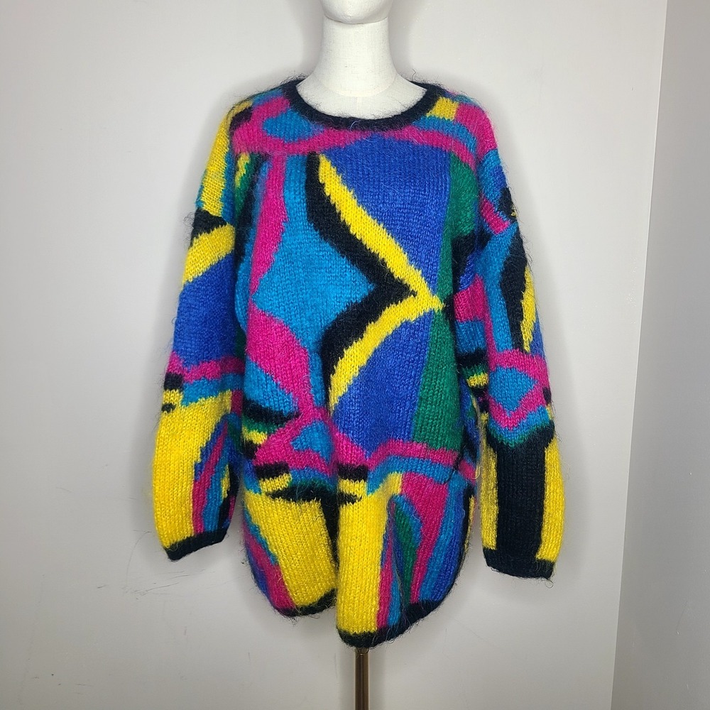 Vintage Classiques Mohair Acrylic Fuzzy Colorful Abstract Sweater 80s‎ 90s Sz XL